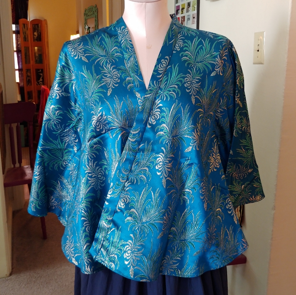Blue Patterned Jacket Wrap Silver Sparkly Batwing - image 1